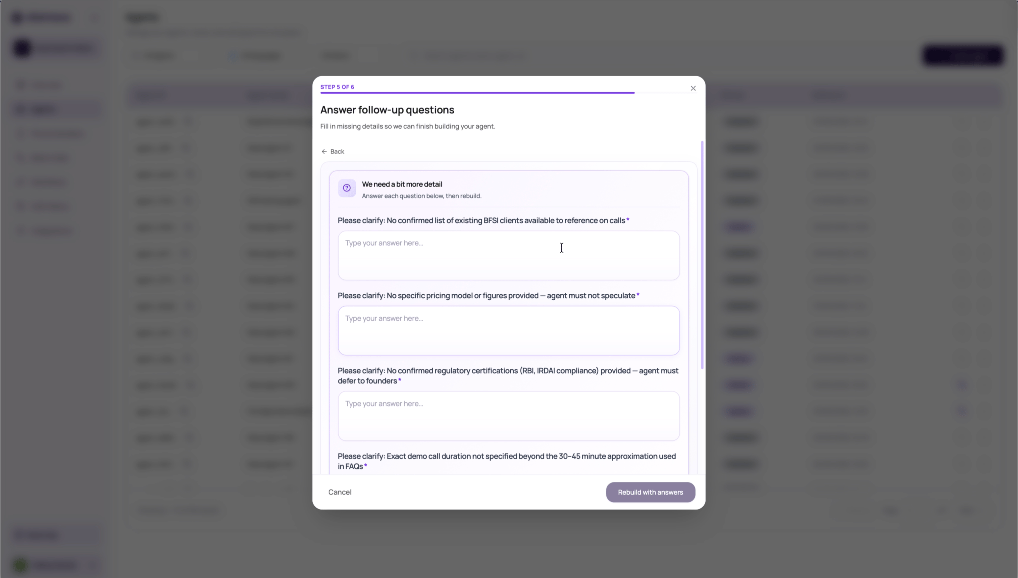 DialNexa Agent Builder follow-up questions step asking for missing details before rebuilding the draft.