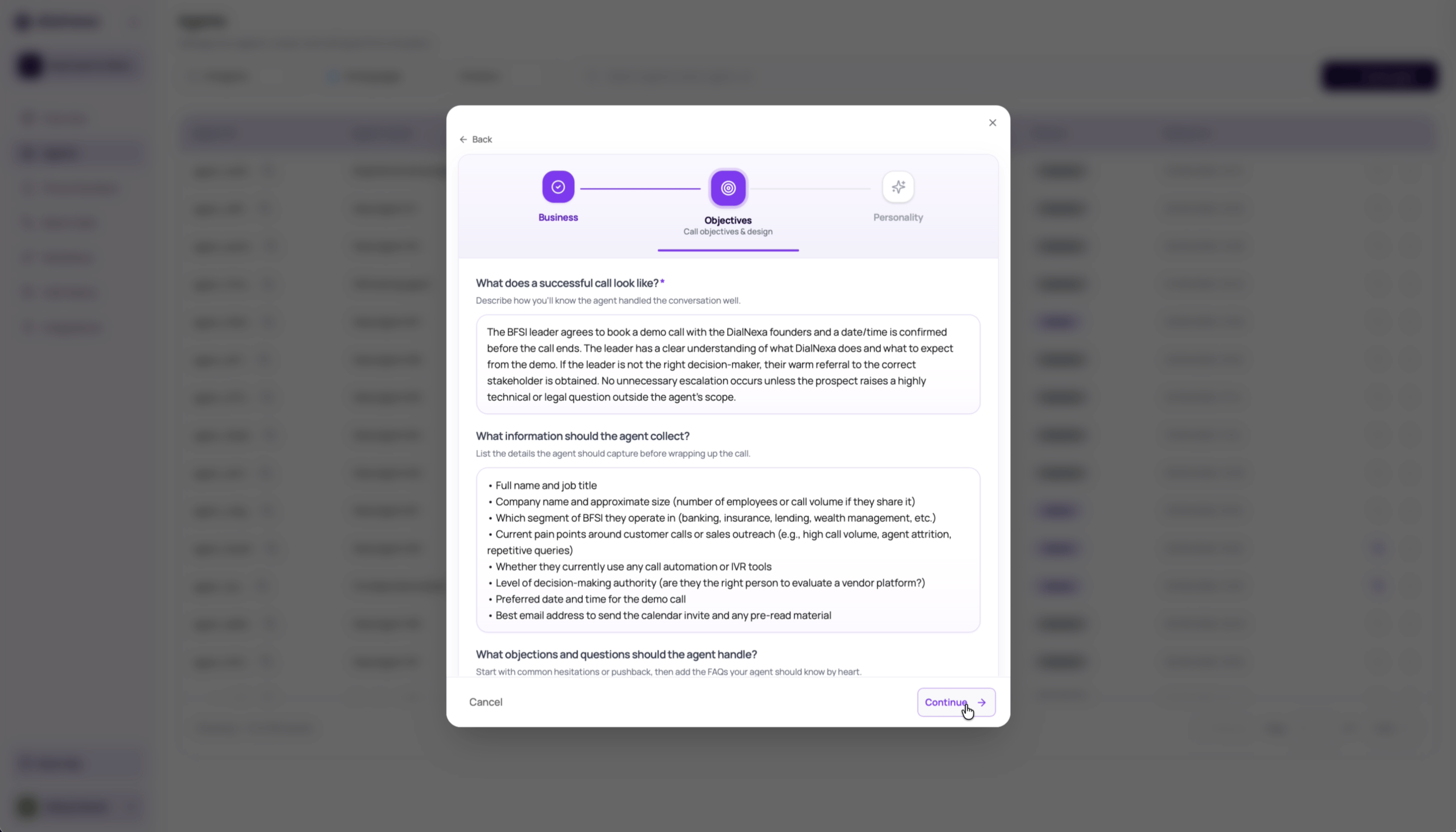 DialNexa Agent Builder Objectives step asking for success criteria, information to collect, and objections to handle.