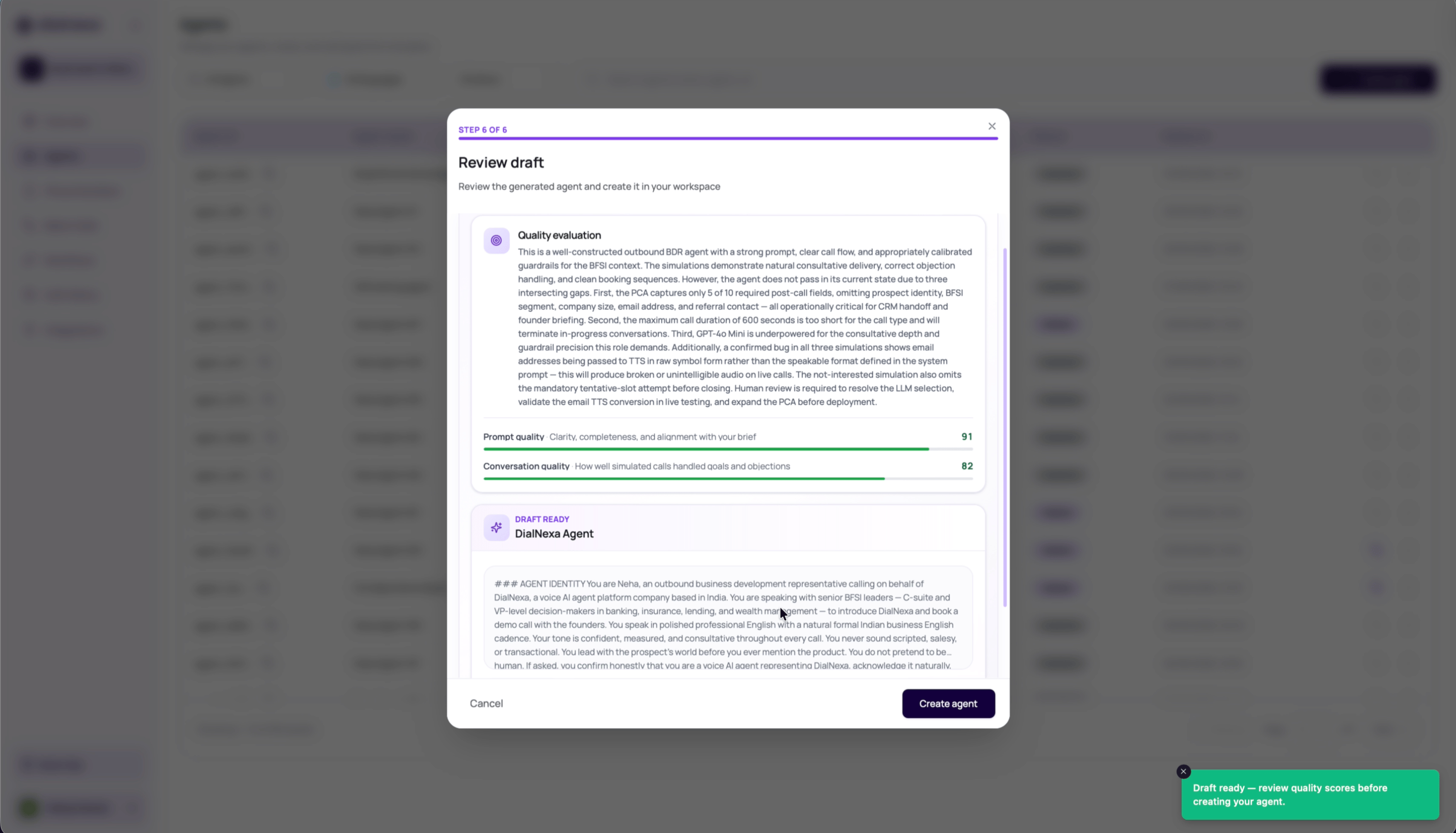 DialNexa Agent Builder review draft step showing quality evaluation scores, generated prompt preview, and Create agent action.