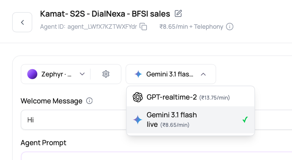 DialNexa Speech to Speech model menu comparing OpenAI realtime and Gemini model options with INR per-minute pricing.