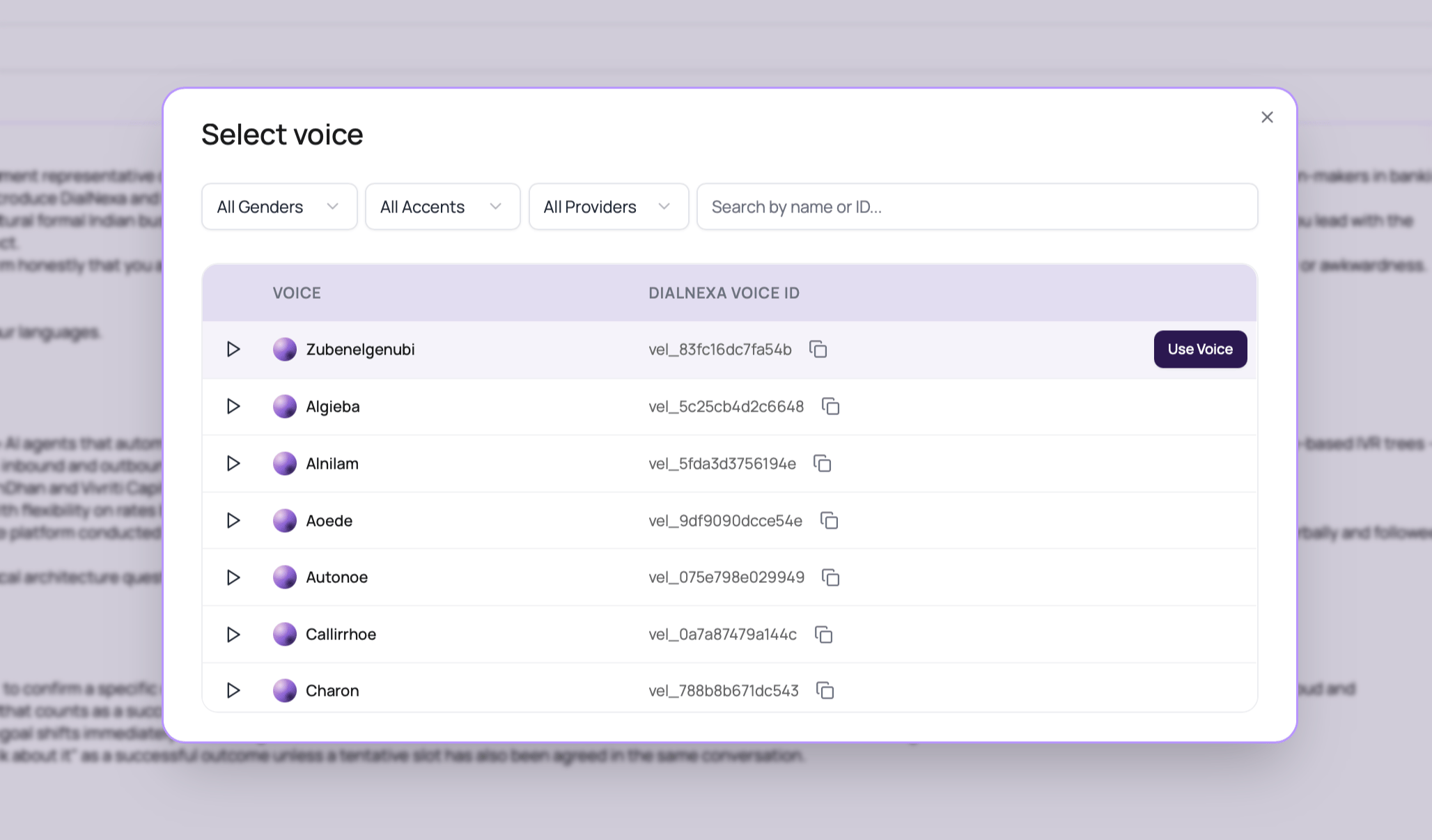 DialNexa Gemini Speech to Speech voice selector showing Gemini voices, voice IDs, filters, search, preview controls, and Use Voice action.