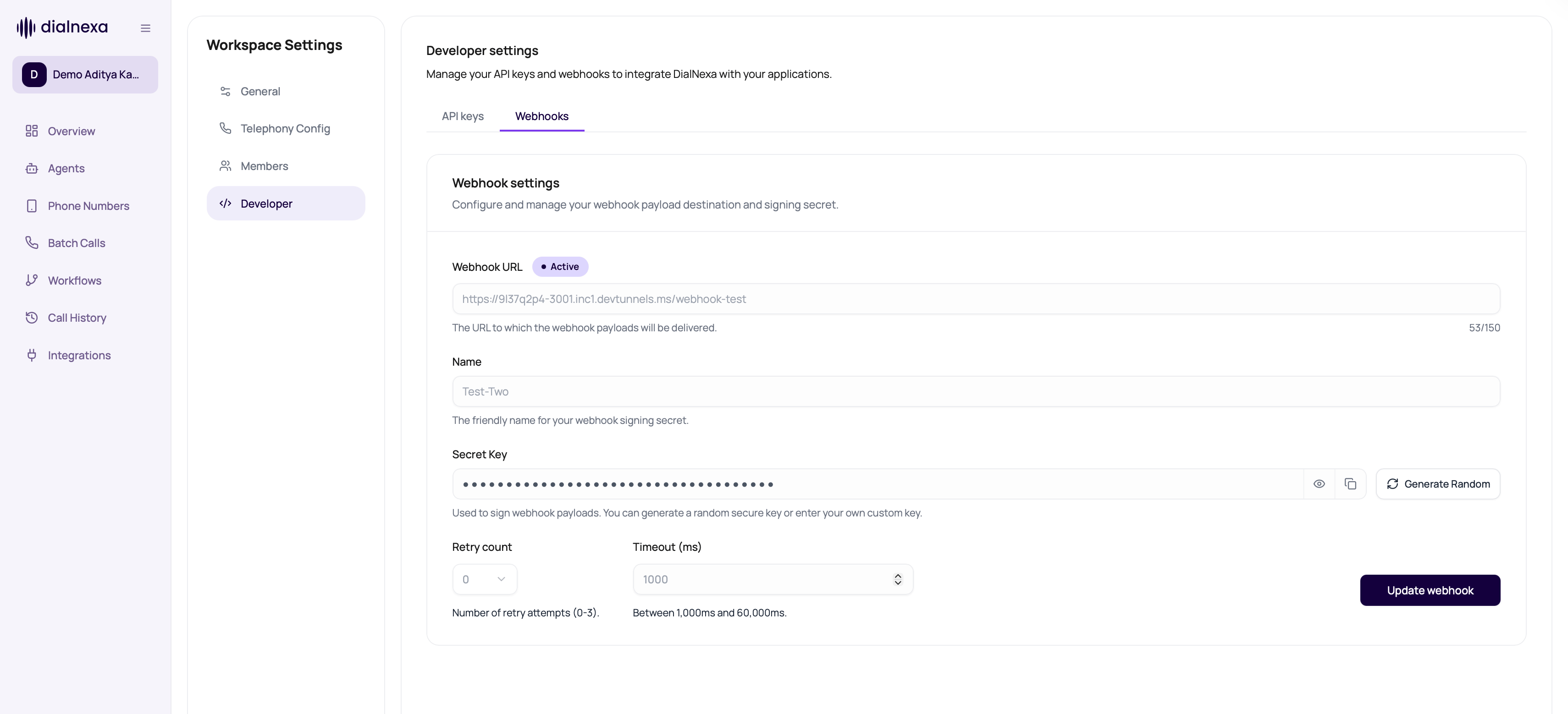 DialNexa Workspace Settings Developer tab showing webhook URL, active status, name, signing secret, retry count, timeout, and Update webhook action.