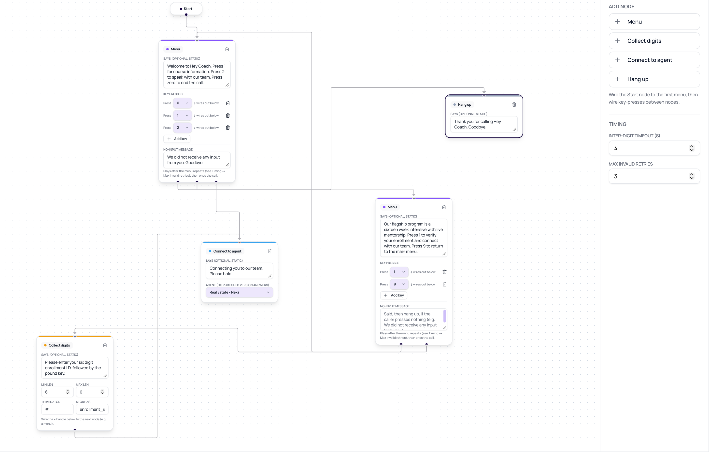DialNexa IVR Agent editor showing connected Menu, Collect Digits, Connect to Agent, and Hang Up nodes with timing settings.