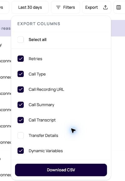 DialNexa Call History export menu showing selected call fields, the Transfer Details option, Dynamic Variables, and Download CSV.