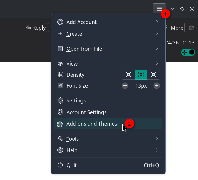 Öffnen des Menüs Add-ons und Themes in Thunderbird