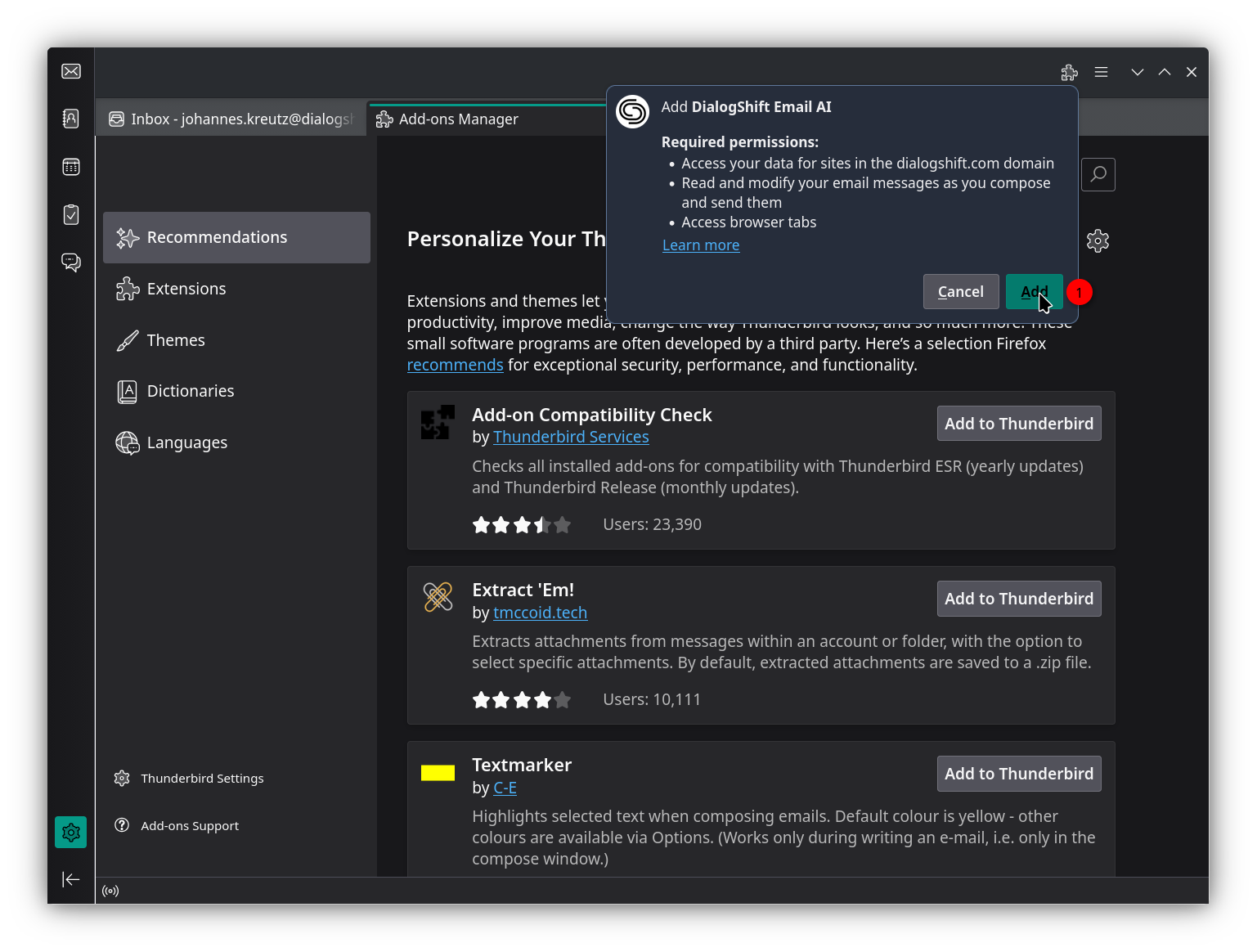 Bestätigen des Berechtigungs-Popups des Plugins in Thunderbird