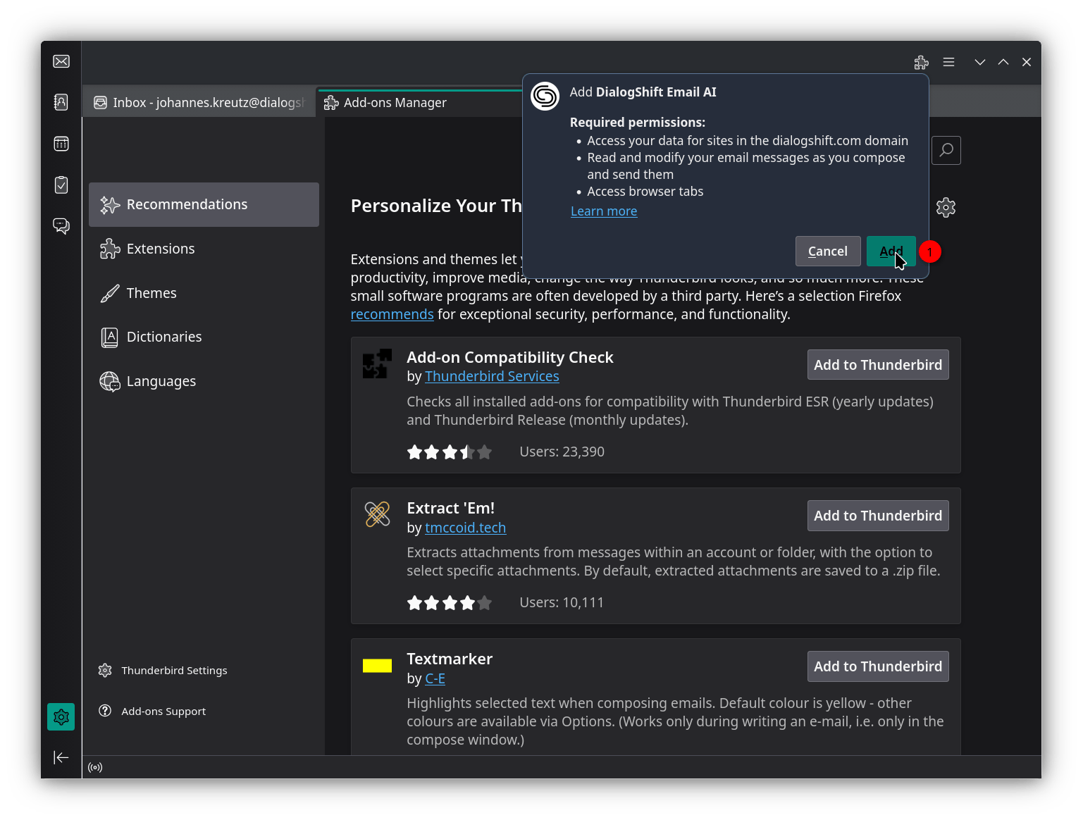 Bestätigen des Berechtigungs-Popups des Plugins in Thunderbird