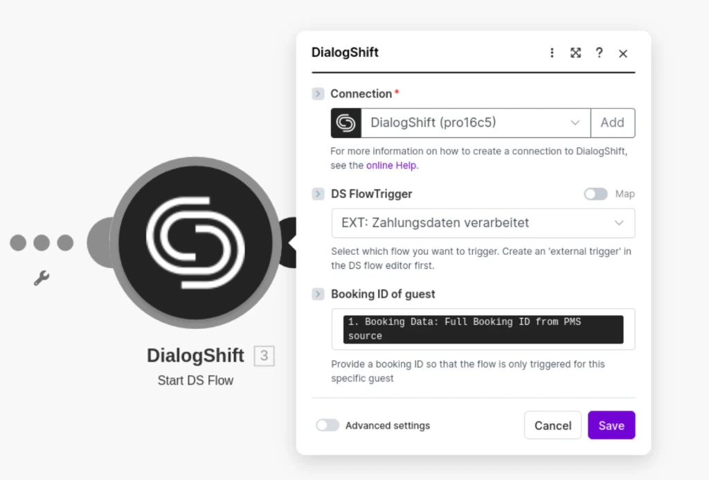 Start DS Flow module in Make.com with the chosen flow trigger and booking ID
