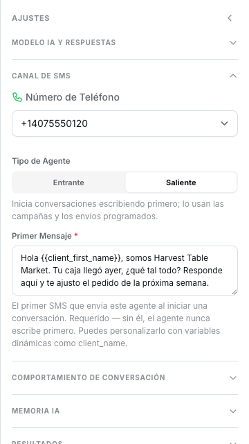 Grupo Canal de SMS con Tipo de Agente en Saliente y un Primer Mensaje que usa la variable client_first_name