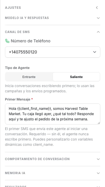 Grupo Canal de SMS con Tipo de Agente en Saliente y un Primer Mensaje que usa la variable client_first_name