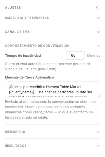 Grupo Comportamiento de Conversación con Tiempo de inactividad en 60 Minutos y un Mensaje de Cierre Automático que usa la variable client_name