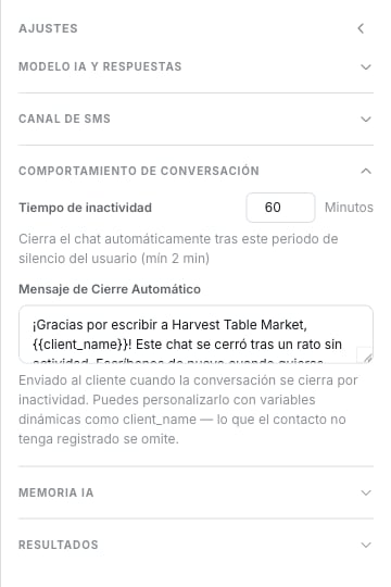 Grupo Comportamiento de Conversación con Tiempo de inactividad en 60 Minutos y un Mensaje de Cierre Automático que usa la variable client_name