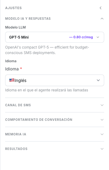 Grupo Modelo IA y Respuestas desplegado con Modelo LLM en GPT-5 Mini y su precio por mensaje, el selector Idioma, y los cuatro grupos plegados debajo