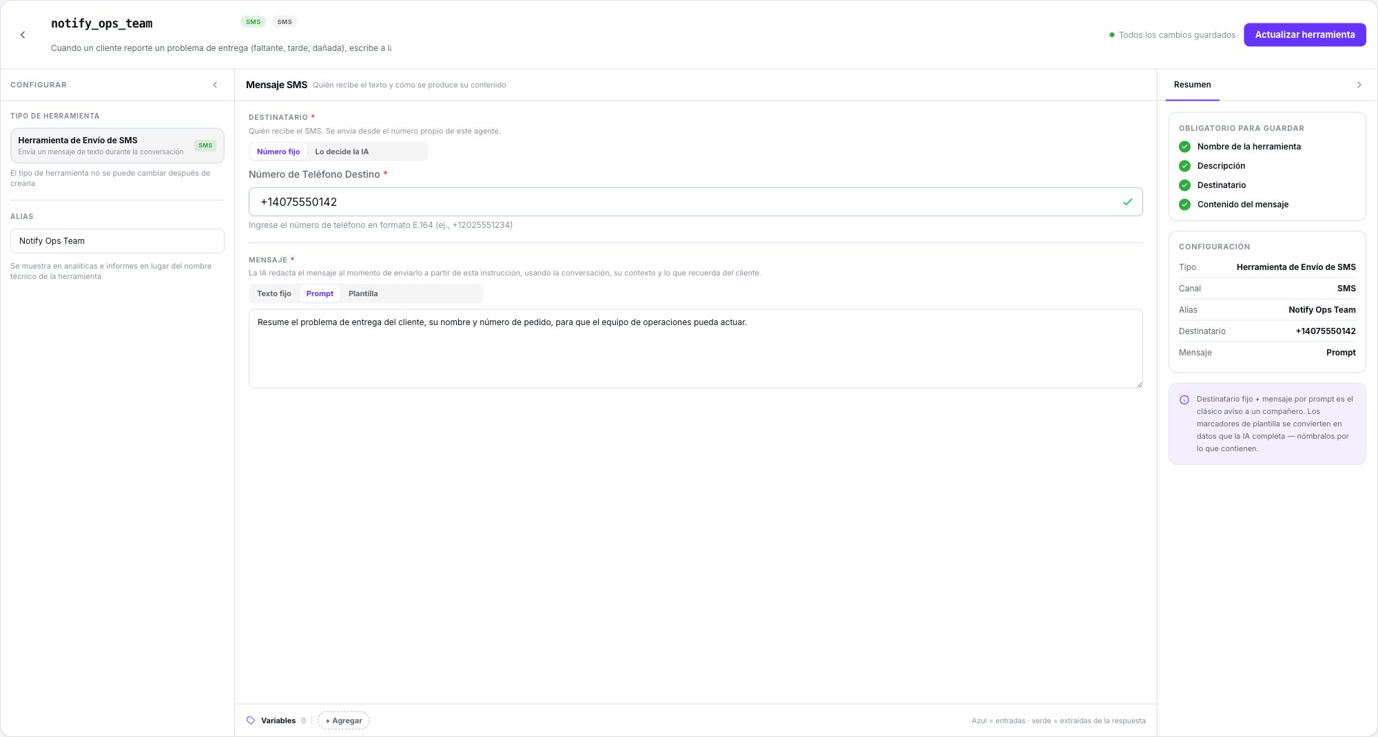 Constructor de la Herramienta de Envío de SMS para notify_ops_team: Destinatario en Número fijo con un número de destino, Mensaje en Prompt con la instrucción de resumir el problema de entrega, y el panel Resumen con el destinatario y el modo de mensaje