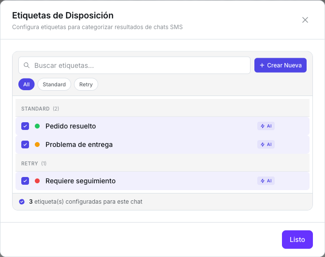 Ventana Etiquetas de Disposición de un agente de SMS con Pedido resuelto, Problema de entrega y Requiere seguimiento, las tres marcadas y con el distintivo AI, un botón para crear una nueva y el contador de 3 etiquetas configuradas para este chat