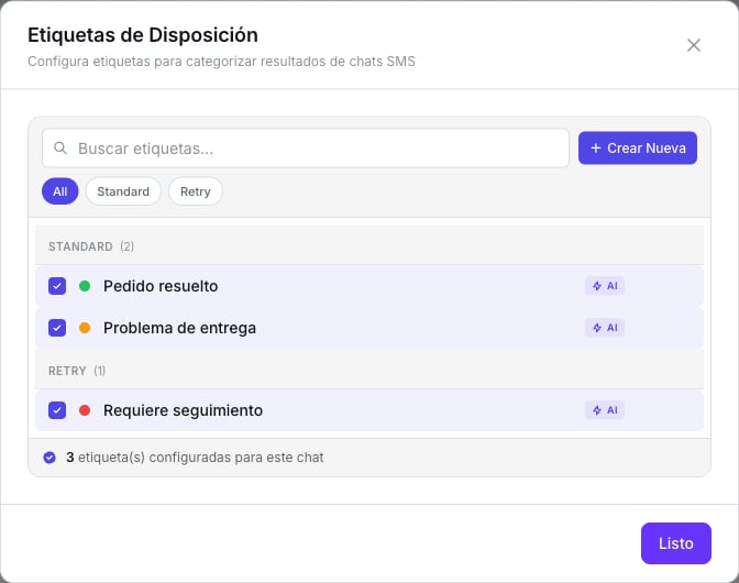 Ventana Etiquetas de Disposición de un agente de SMS con Pedido resuelto, Problema de entrega y Requiere seguimiento, las tres marcadas y con el distintivo AI, un botón para crear una nueva y el contador de 3 etiquetas configuradas para este chat