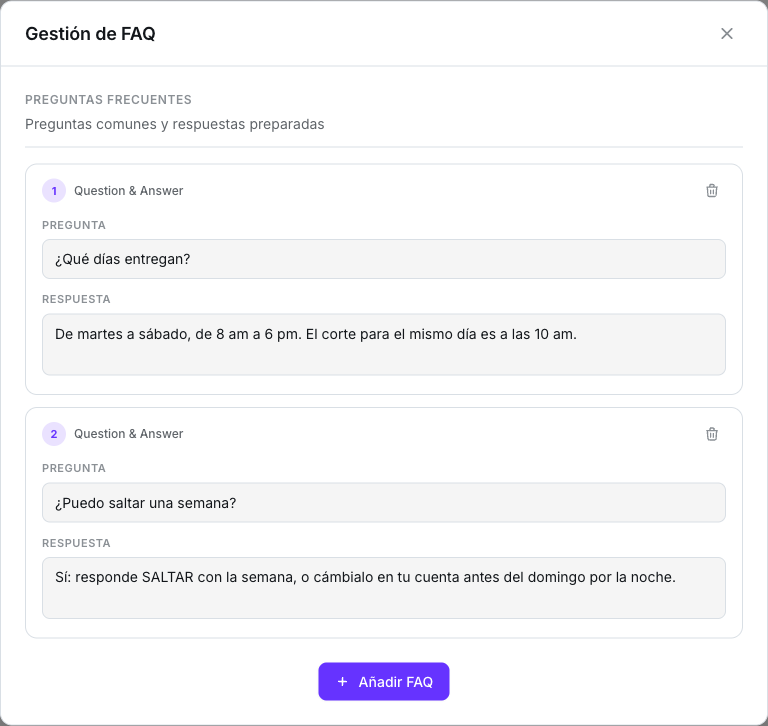 Ventana Gestión de FAQ con dos preguntas y sus respuestas y el botón para añadir una FAQ