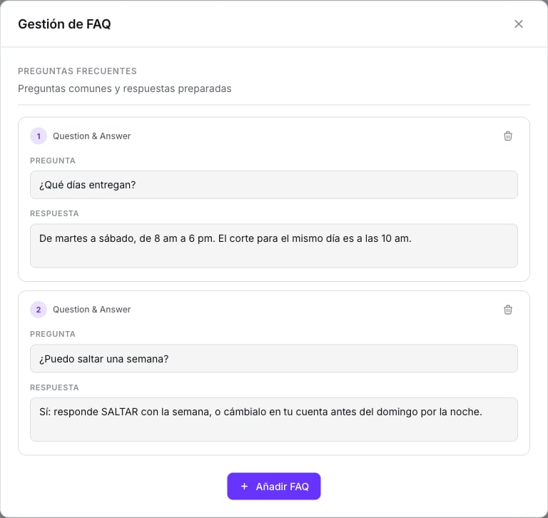 Ventana Gestión de FAQ con dos preguntas y sus respuestas y el botón para añadir una FAQ