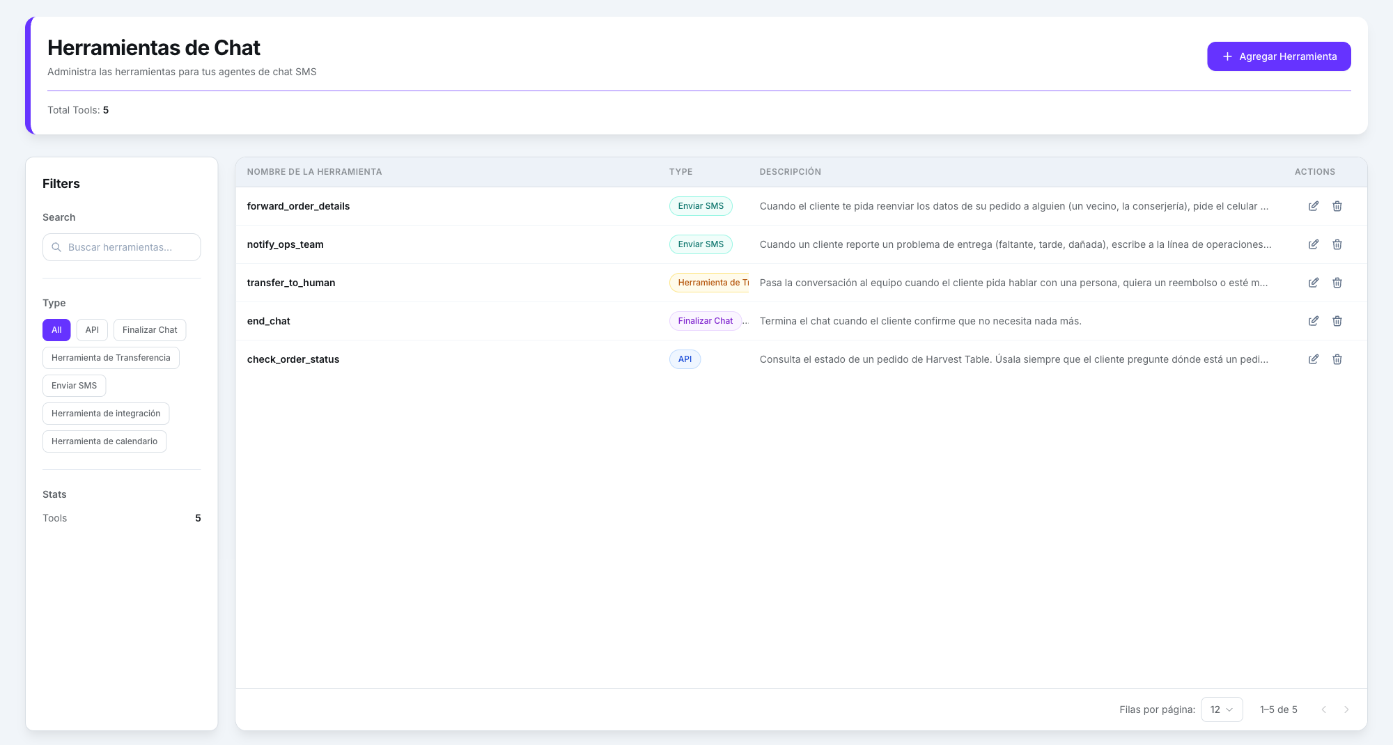 Página Herramientas de Chat con check_order_status, end_chat, transfer_to_human, notify_ops_team y forward_order_details, con sus distintivos de tipo y sus descripciones