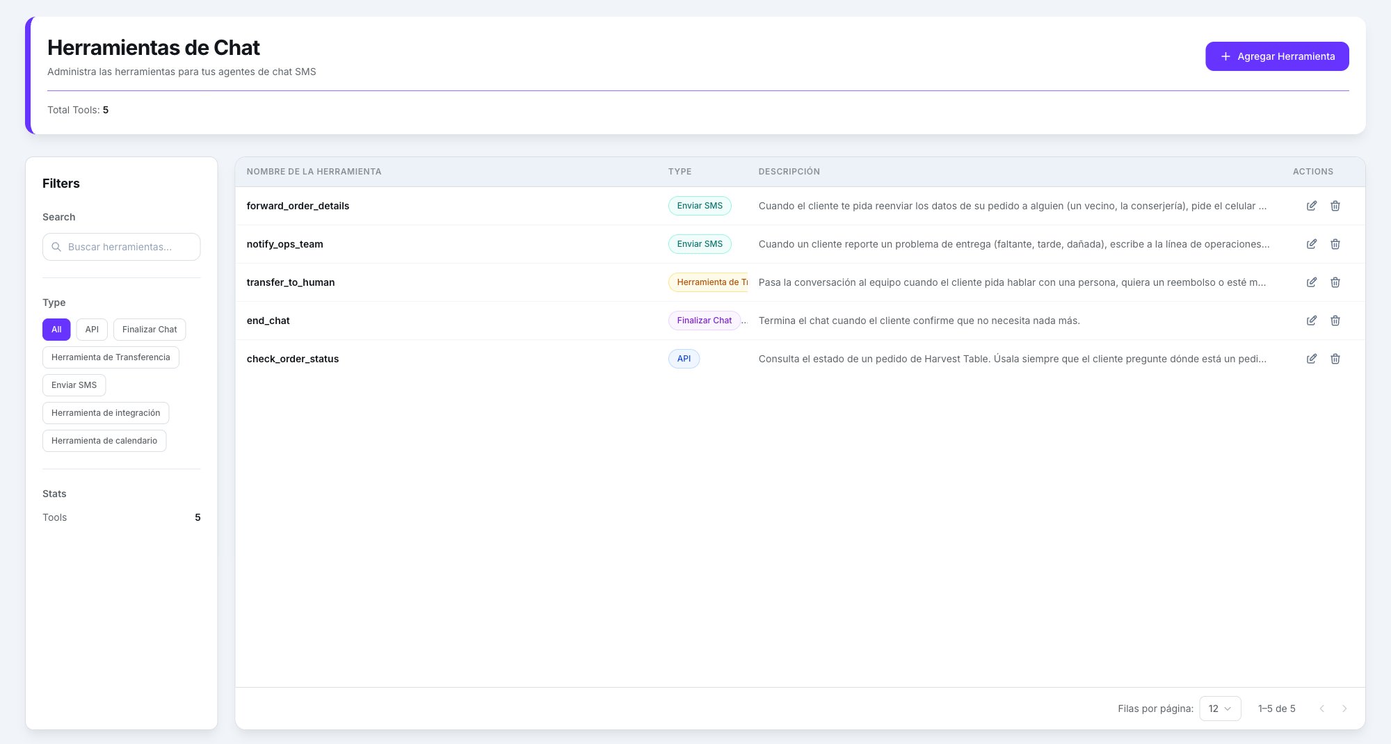 Página Herramientas de Chat con check_order_status, end_chat, transfer_to_human, notify_ops_team y forward_order_details, con sus distintivos de tipo y sus descripciones