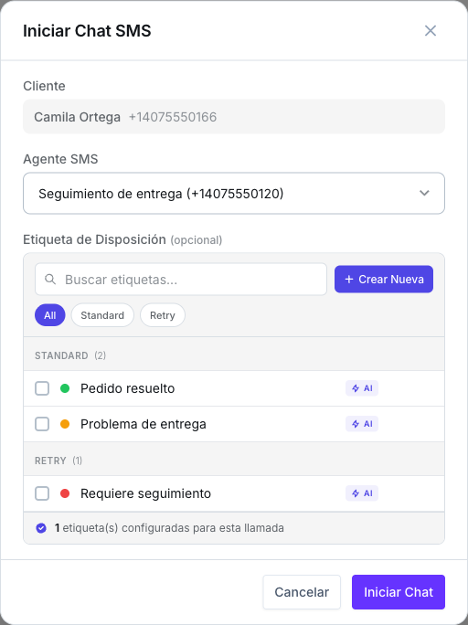 Ventana Iniciar Chat SMS con el cliente, un agente seleccionado en el desplegable Agente SMS, el campo Etiqueta de Disposición y el botón Iniciar Chat
