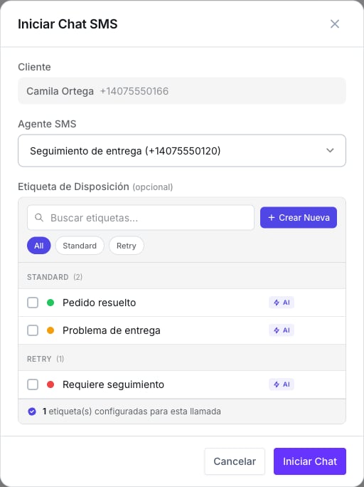 Ventana Iniciar Chat SMS con el cliente, un agente seleccionado en el desplegable Agente SMS, el campo Etiqueta de Disposición y el botón Iniciar Chat