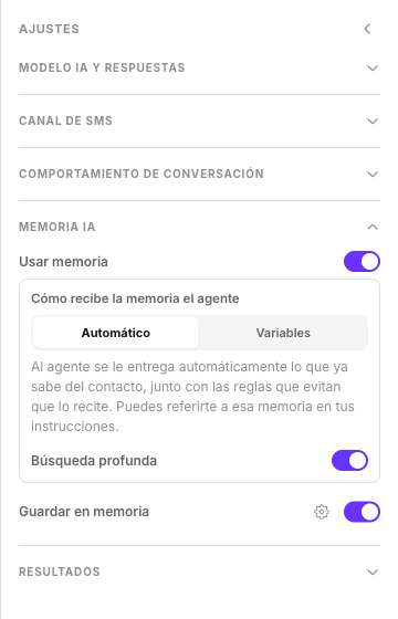 Grupo Memoria IA con Usar memoria activado, Cómo recibe la memoria el agente en Automático, Búsqueda profunda activada y Guardar en memoria activado con su engranaje Configurar