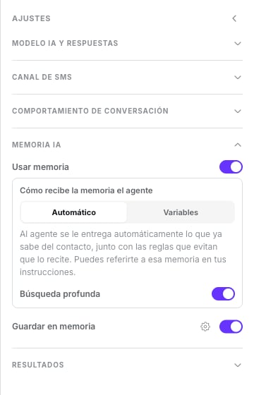 Grupo Memoria IA con Usar memoria activado, Cómo recibe la memoria el agente en Automático, Búsqueda profunda activada y Guardar en memoria activado con su engranaje Configurar