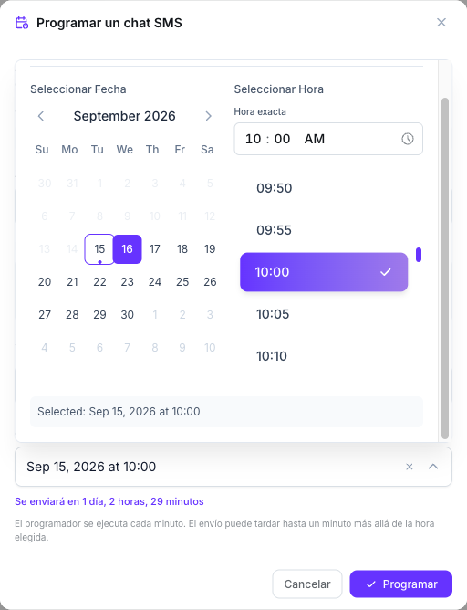Ventana Programar un chat SMS con el cliente, el agente Seguimiento de entrega seleccionado, un mensaje de apertura, una zona horaria, una fecha y hora de inicio y la cuenta atrás hasta la ejecución