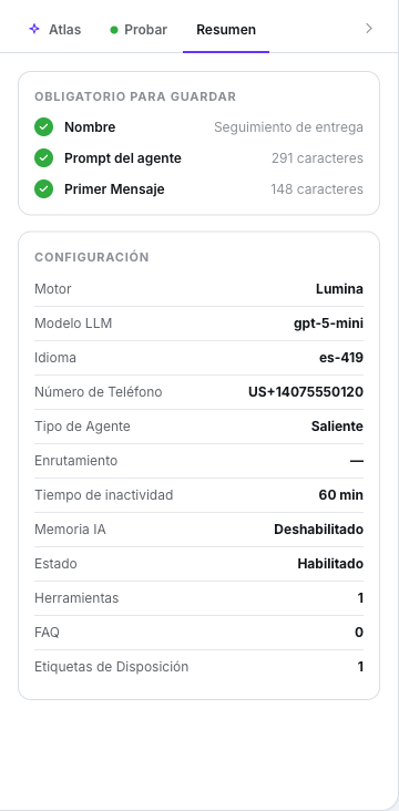 Pestaña Resumen con la lista Obligatorio para crear y las filas de configuración, con el motor en Lumina