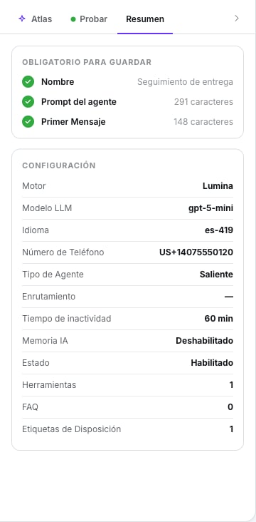 Pestaña Resumen con la lista Obligatorio para crear y las filas de configuración, con el motor en Lumina