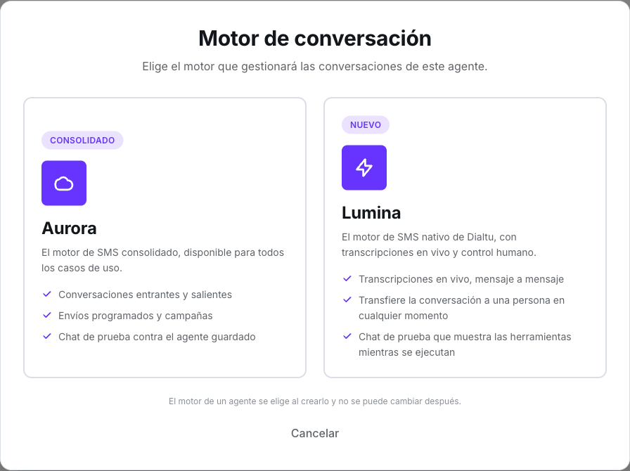 Ventana Motor de conversación con dos tarjetas de motor; la tarjeta Lumina lleva la marca Nuevo y enumera transcripciones en vivo mensaje a mensaje, toma de control humana y un chat de prueba que muestra las llamadas a herramientas