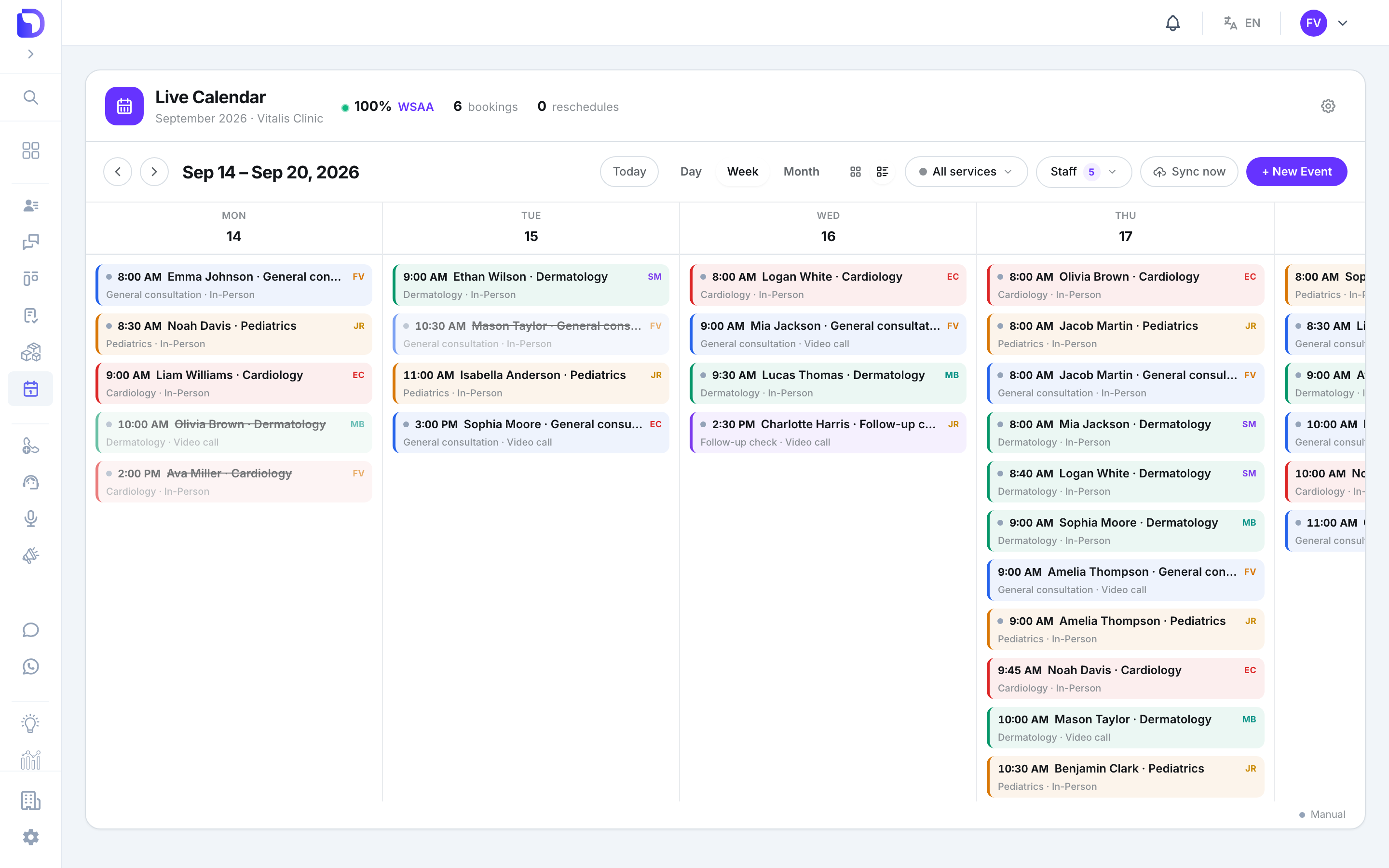 Live Calendar list view for Sep 14 – Sep 20, 2026 with columns per weekday showing stacked appointment cards such as Emma Johnson General consultation In-Person, Noah Davis Pediatrics and struck-through cancelled events like Olivia Brown Dermatology, each tagged with the provider initials.