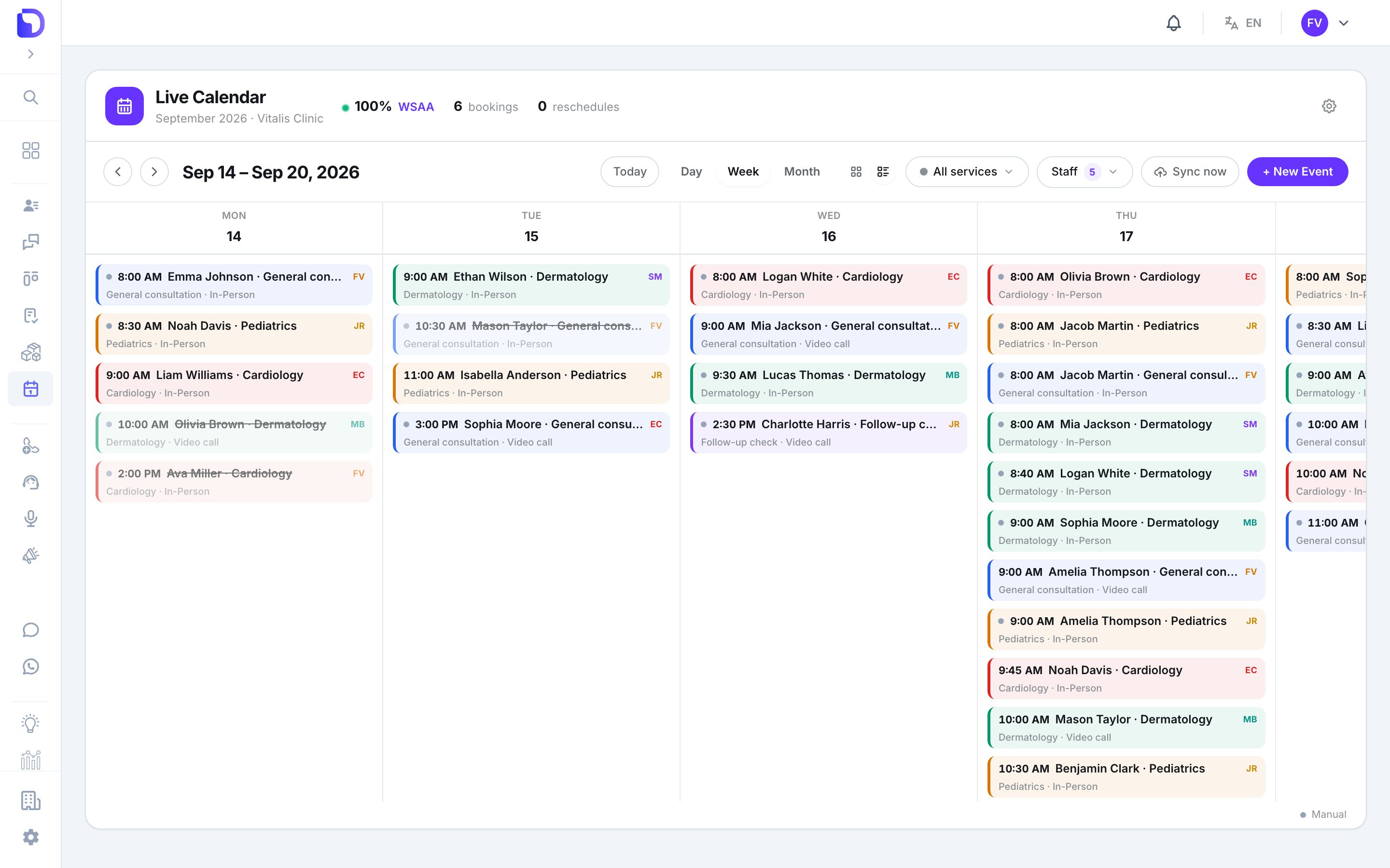 Live Calendar list view for Sep 14 – Sep 20, 2026 with columns per weekday showing stacked appointment cards such as Emma Johnson General consultation In-Person, Noah Davis Pediatrics and struck-through cancelled events like Olivia Brown Dermatology, each tagged with the provider initials.