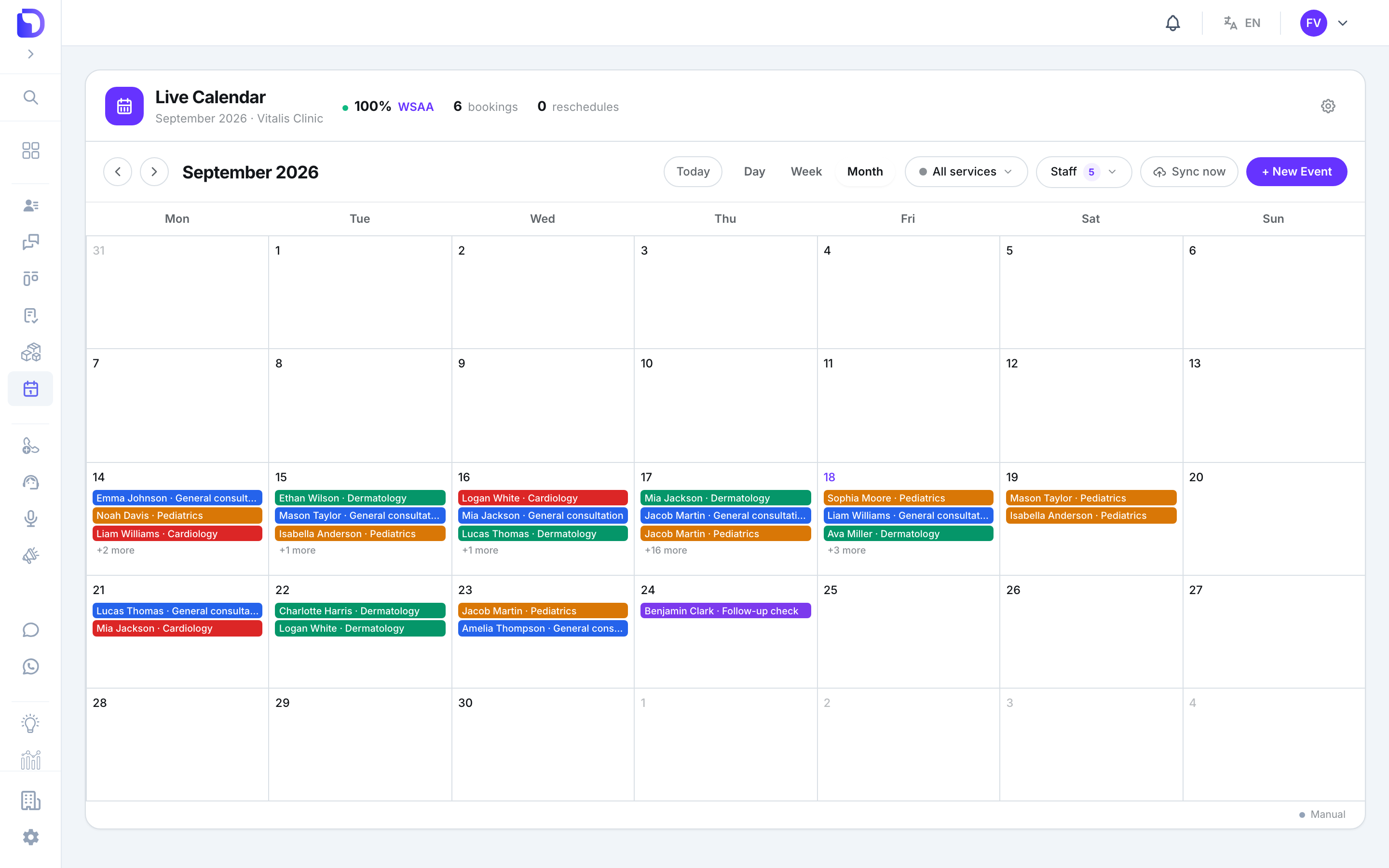 Live Calendar month view for September 2026 with the Today, Day, Week, Month toggles, All services and Staff 5 filters, and colored event chips on Sep 14–24 such as Emma Johnson General consultation, Logan White Cardiology and Mia Jackson Dermatology with '+16 more' overflow on the 17th.