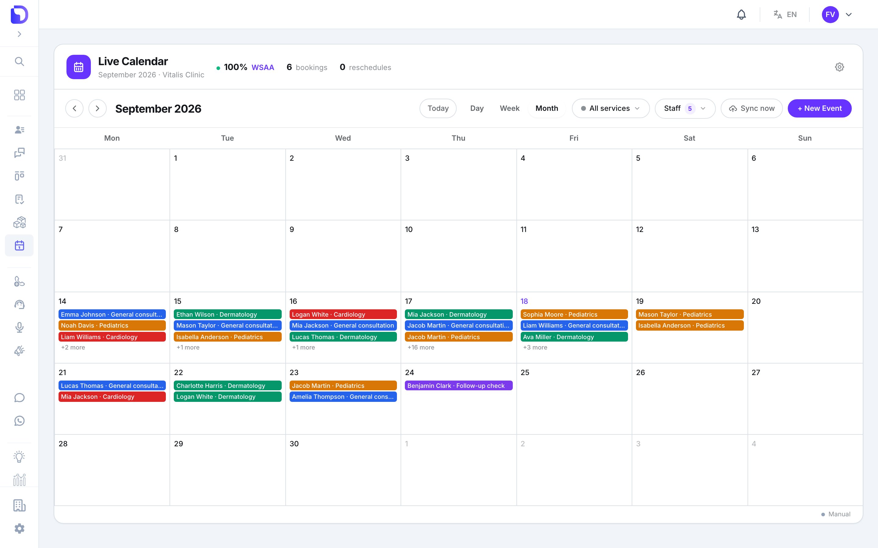 Live Calendar month view for September 2026 with the Today, Day, Week, Month toggles, All services and Staff 5 filters, and colored event chips on Sep 14–24 such as Emma Johnson General consultation, Logan White Cardiology and Mia Jackson Dermatology with '+16 more' overflow on the 17th.