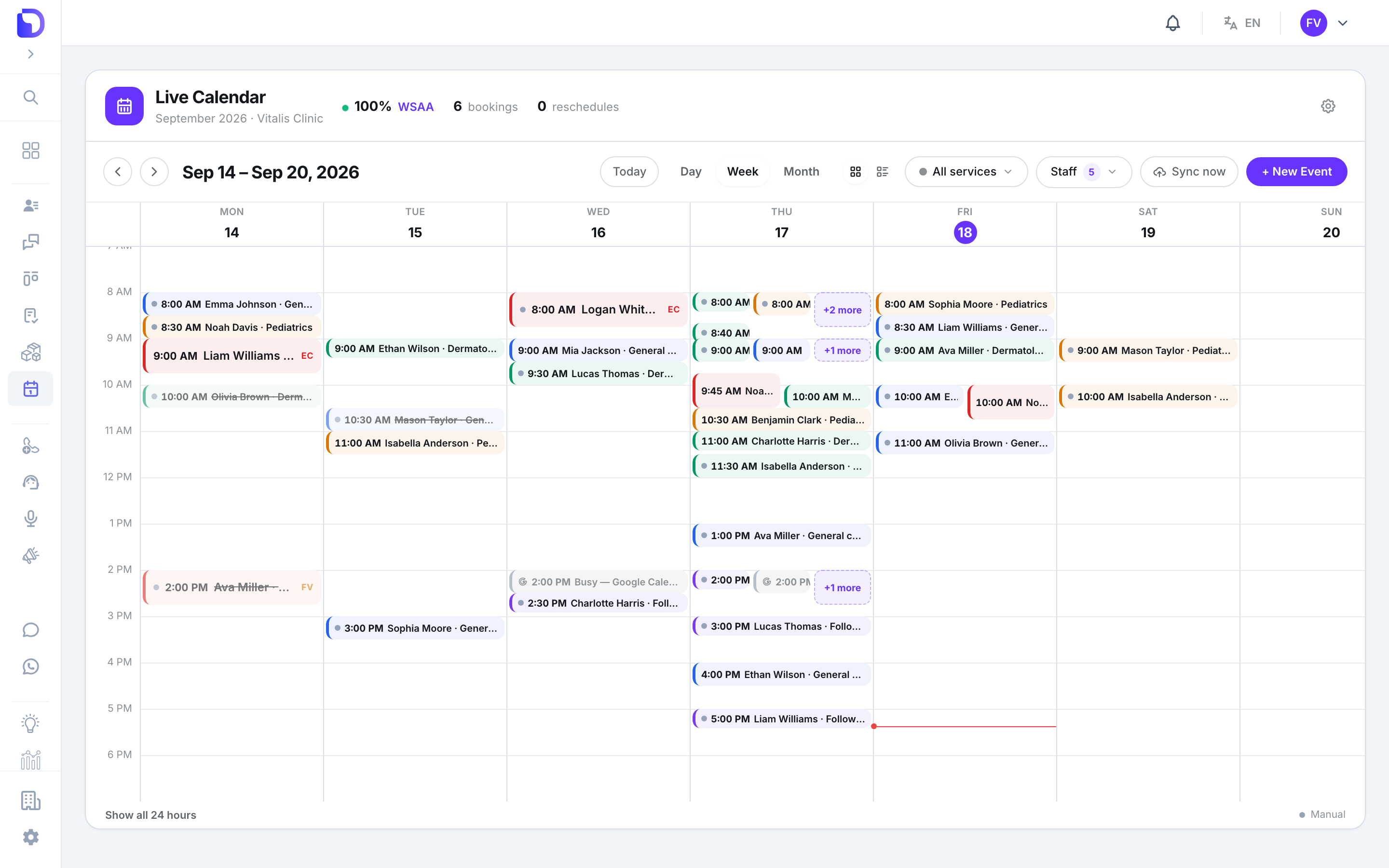 Live Calendar week view for Sep 14 – Sep 20, 2026 with a time grid from 7 AM to 6 PM, today (Fri 18) highlighted, overlapping bookings collapsed into '+2 more' pills, a grey 'Busy — Google Calendar' block on Wednesday, and a 'Show all 24 hours' link.