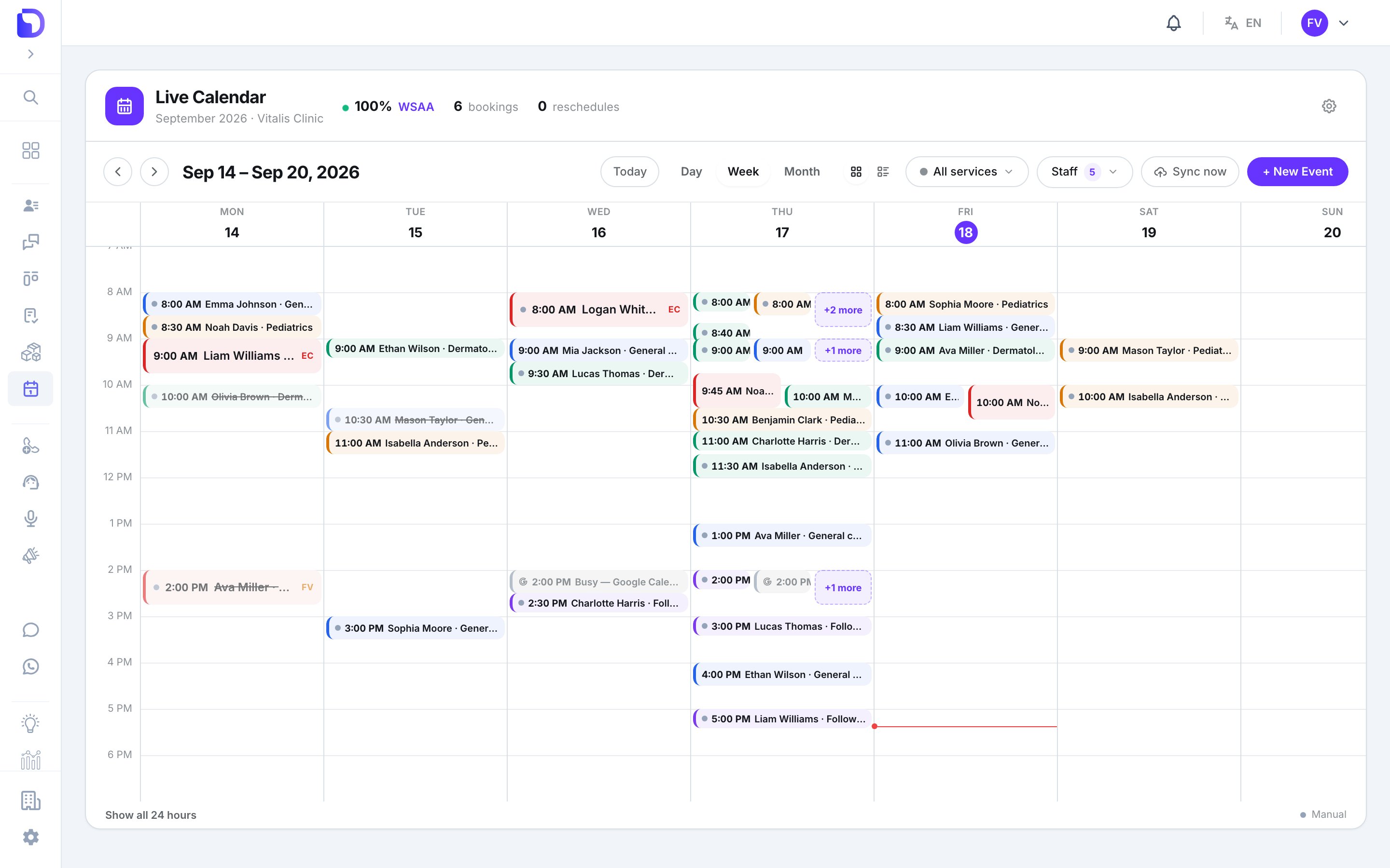 Live Calendar week view for Sep 14 – Sep 20, 2026 with a time grid from 7 AM to 6 PM, today (Fri 18) highlighted, overlapping bookings collapsed into '+2 more' pills, a grey 'Busy — Google Calendar' block on Wednesday, and a 'Show all 24 hours' link.