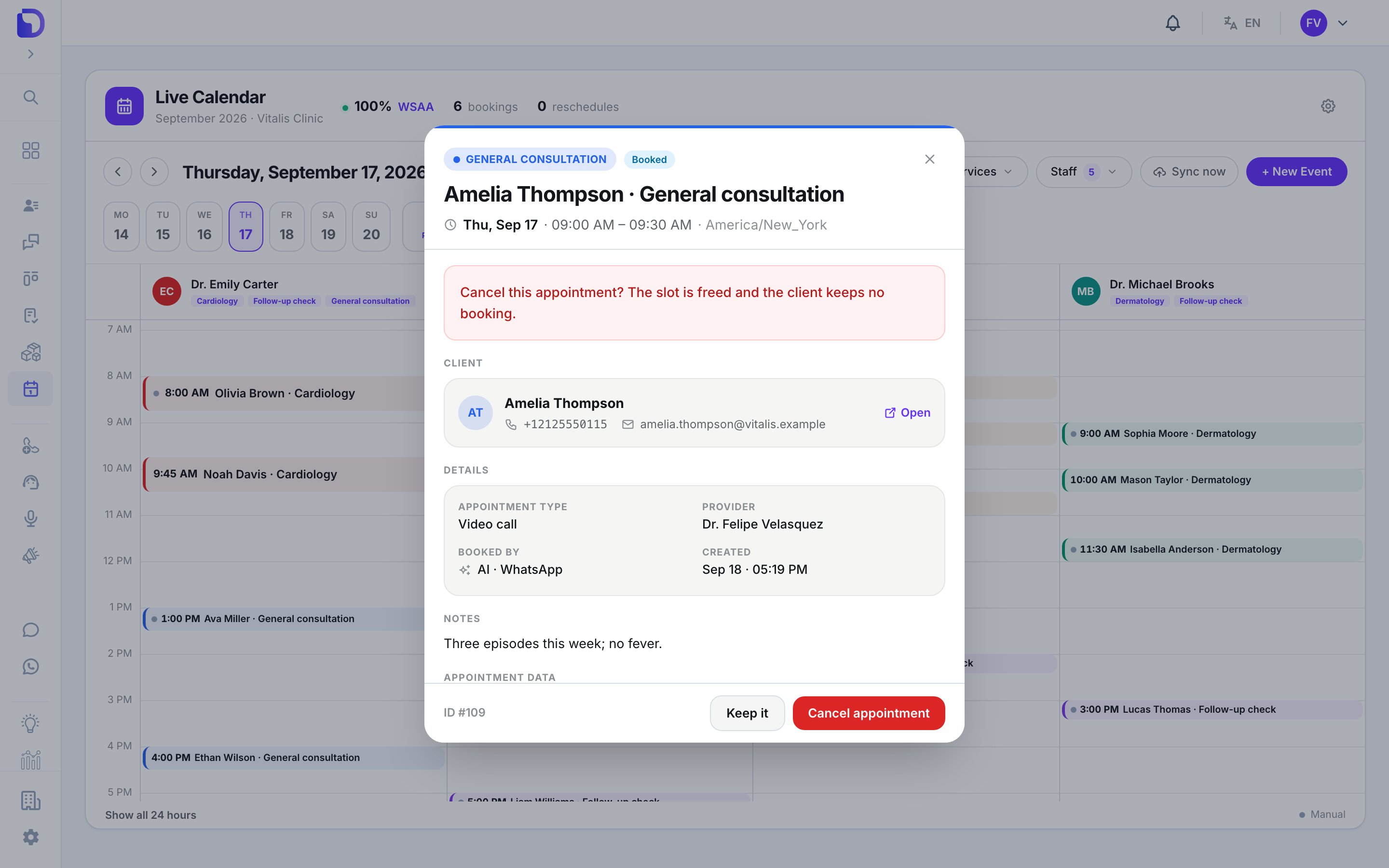 Event detail modal for 'Amelia Thompson · General consultation' on Thu, Sep 17 09:00–09:30 AM America/New_York showing a red confirmation banner 'Cancel this appointment? The slot is freed and the client keeps no booking.', the client card with +12125550115 and amelia.thompson@vitalis.example, details (Video call, Dr. Felipe Velasquez, AI · WhatsApp), notes, and 'Keep it' / 'Cancel appointment' buttons.