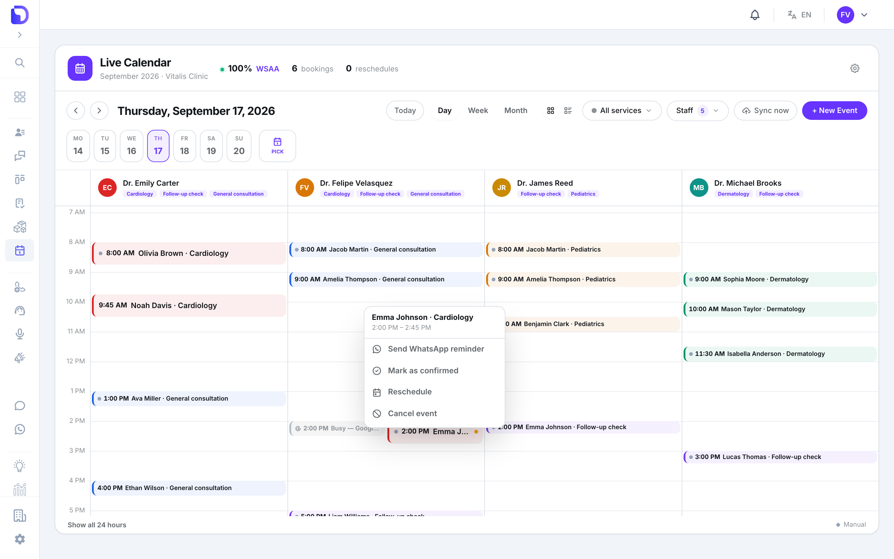Live Calendar day view with a right-click context menu open on 'Emma Johnson · Cardiology 2:00 PM – 2:45 PM' offering Send WhatsApp reminder, Mark as confirmed, Reschedule and Cancel event.