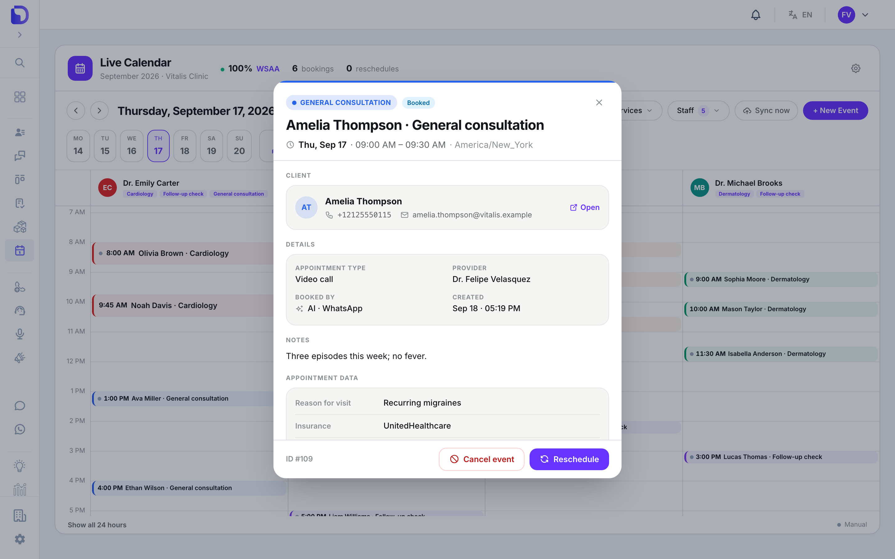 Event detail modal for 'Amelia Thompson · General consultation' tagged GENERAL CONSULTATION and Booked, Thu, Sep 17 09:00–09:30 AM America/New_York, with the client card (+12125550115, amelia.thompson@vitalis.example, Open link), details (Video call, Dr. Felipe Velasquez, AI · WhatsApp, created Sep 18 05:19 PM), notes 'Three episodes this week; no fever.', appointment data (Reason for visit: Recurring migraines, Insurance: UnitedHealthcare), and 'Cancel event' / 'Reschedule' buttons.