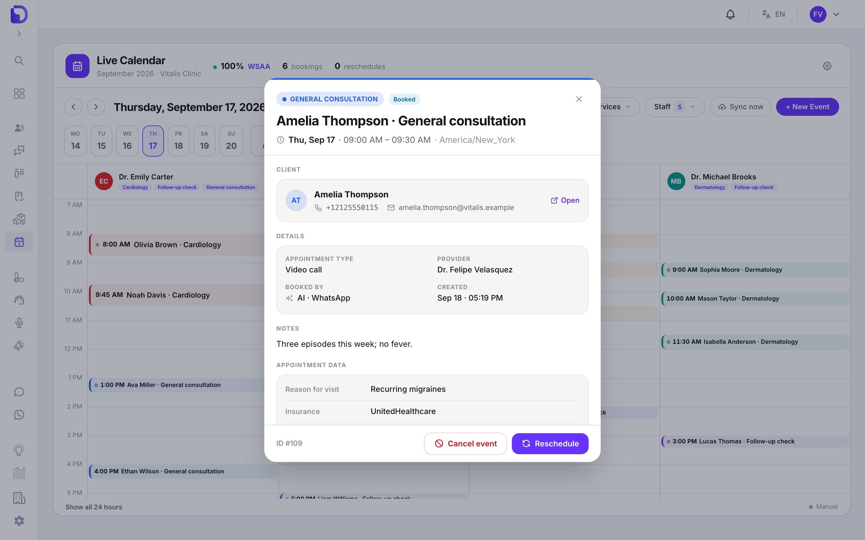 Event detail modal for 'Amelia Thompson · General consultation' tagged GENERAL CONSULTATION and Booked, Thu, Sep 17 09:00–09:30 AM America/New_York, with the client card (+12125550115, amelia.thompson@vitalis.example, Open link), details (Video call, Dr. Felipe Velasquez, AI · WhatsApp, created Sep 18 05:19 PM), notes 'Three episodes this week; no fever.', appointment data (Reason for visit: Recurring migraines, Insurance: UnitedHealthcare), and 'Cancel event' / 'Reschedule' buttons.