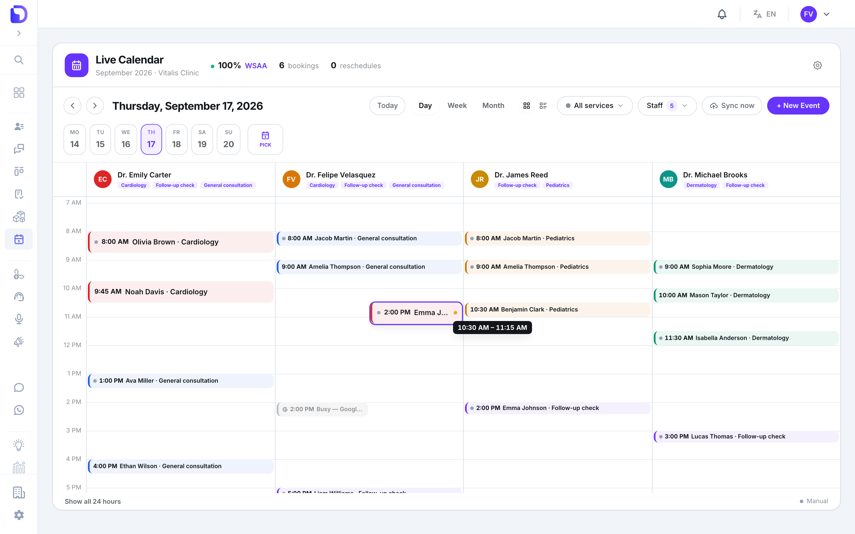 Live Calendar day view for Thursday, September 17, 2026 with the 'Emma J…' event card outlined in purple being dragged up Dr. Felipe Velasquez's column to around 10:30 AM, a black '10:30 AM – 11:15 AM' time badge below it, and the other providers' bookings such as 10:30 AM Benjamin Clark Pediatrics still in place.