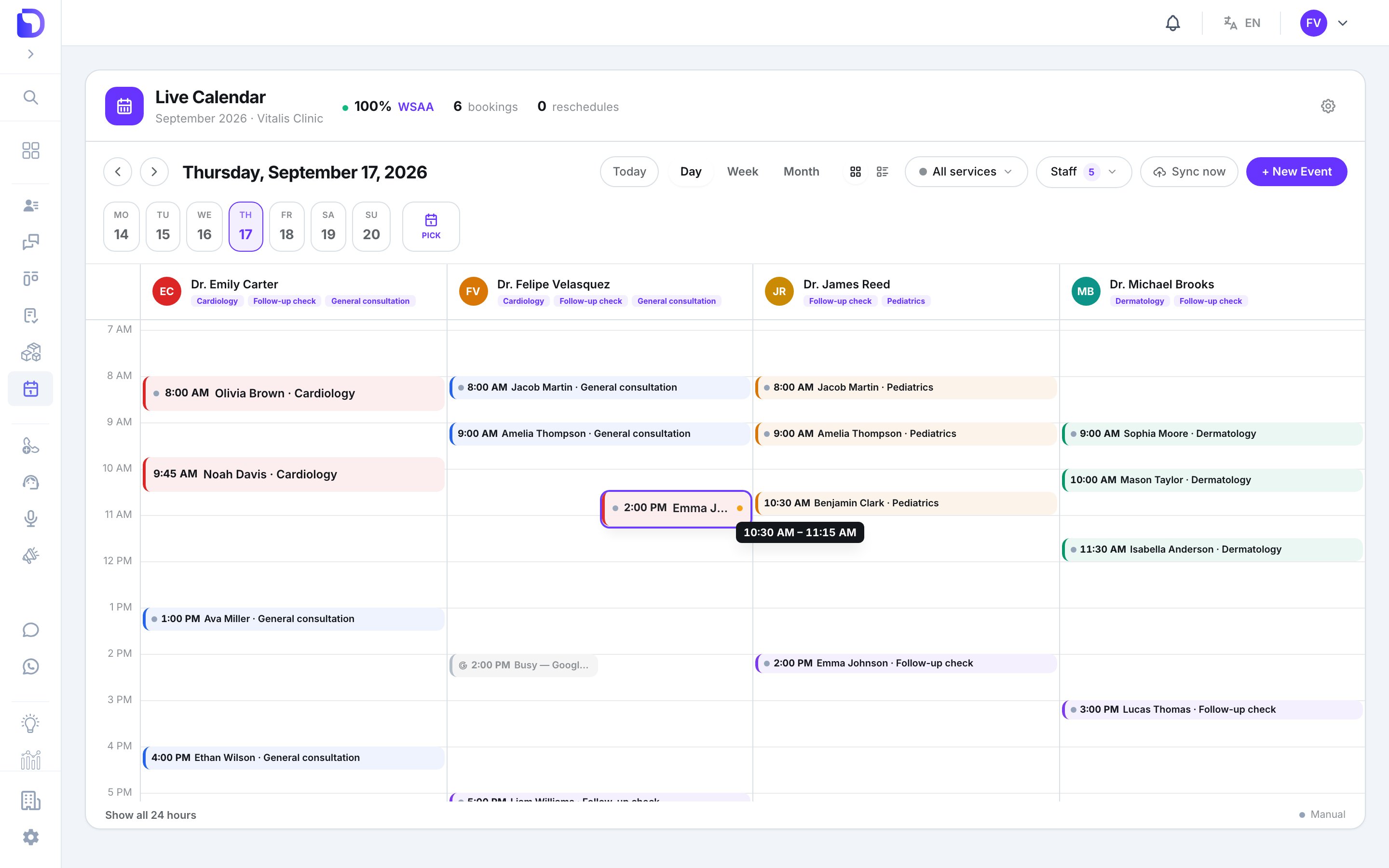 Live Calendar day view for Thursday, September 17, 2026 with the 'Emma J…' event card outlined in purple being dragged up Dr. Felipe Velasquez's column to around 10:30 AM, a black '10:30 AM – 11:15 AM' time badge below it, and the other providers' bookings such as 10:30 AM Benjamin Clark Pediatrics still in place.