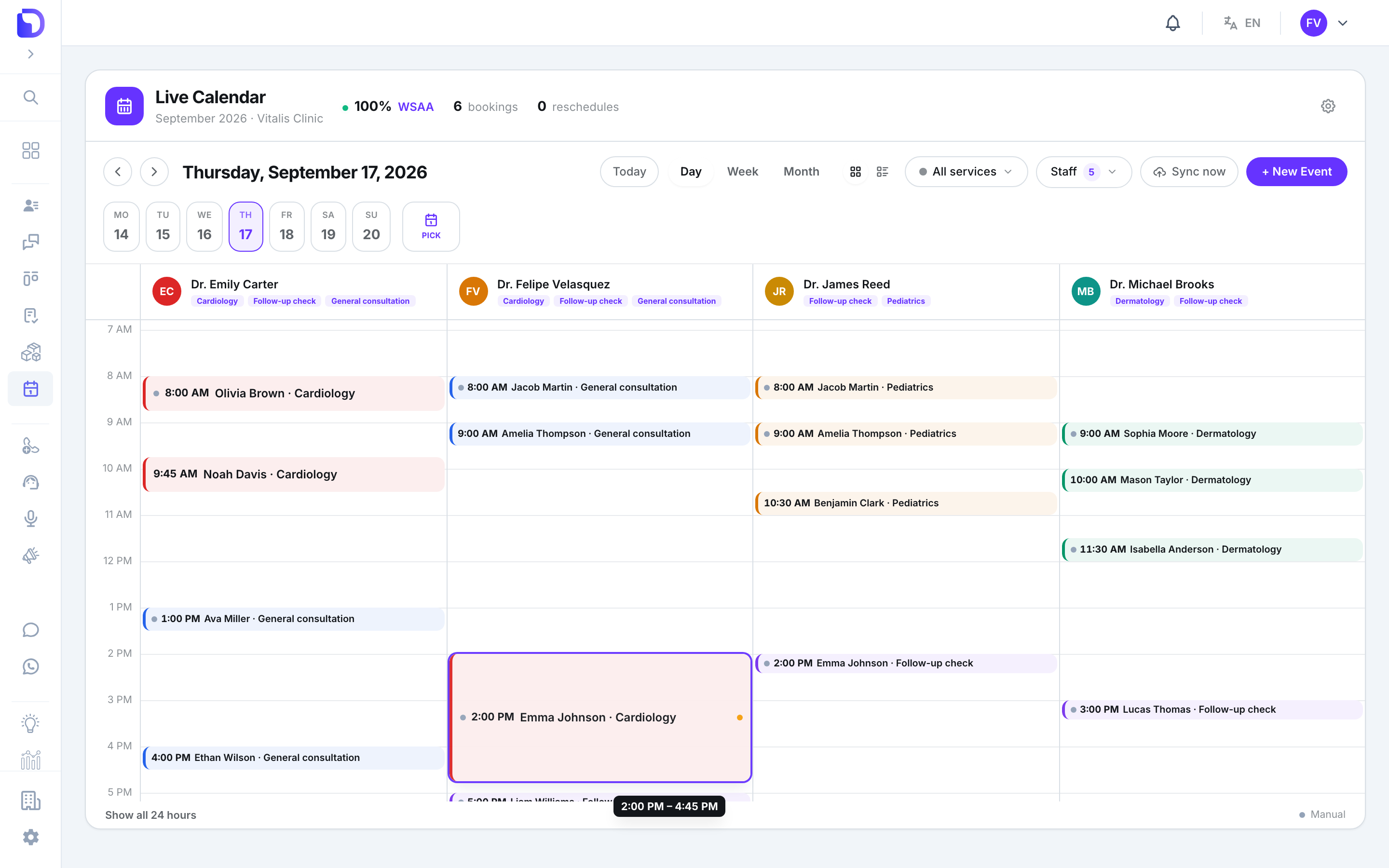 Live Calendar day view with the 'Emma Johnson · Cardiology' event in Dr. Felipe Velasquez's column outlined in purple and stretched from 2:00 PM down to 4:45 PM, with a black '2:00 PM – 4:45 PM' badge showing the new duration during the resize.
