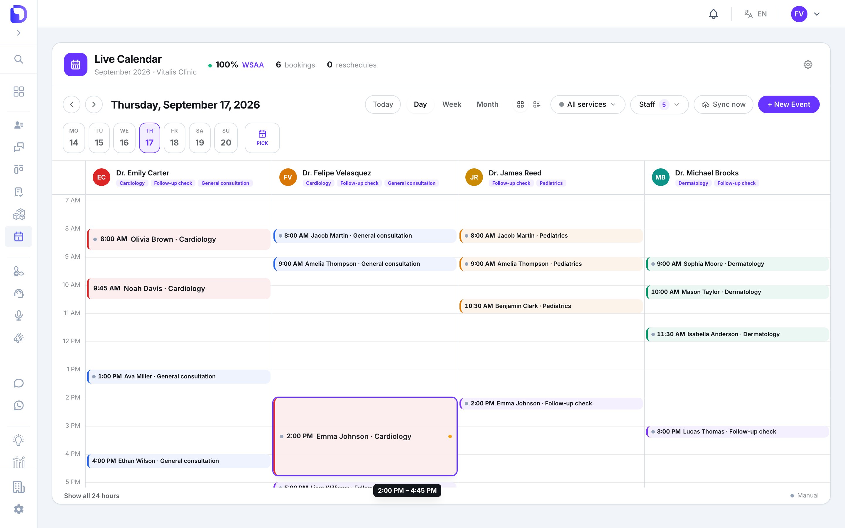 Live Calendar day view with the 'Emma Johnson · Cardiology' event in Dr. Felipe Velasquez's column outlined in purple and stretched from 2:00 PM down to 4:45 PM, with a black '2:00 PM – 4:45 PM' badge showing the new duration during the resize.