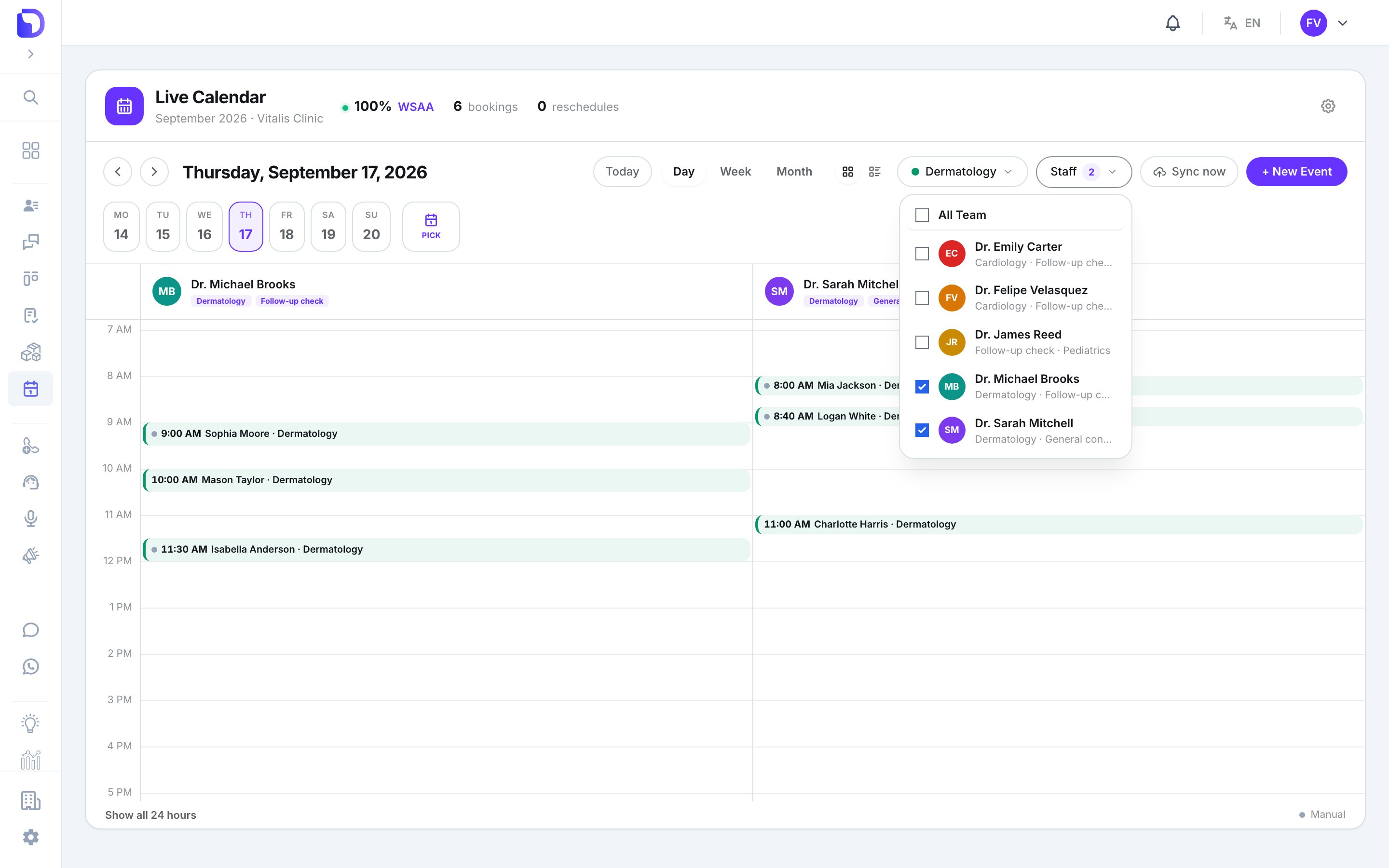 Live Calendar day view filtered to Dermatology with the 'Staff 2' dropdown open showing an All Team checkbox and Dr. Emily Carter, Dr. Felipe Velasquez, Dr. James Reed unchecked while Dr. Michael Brooks and Dr. Sarah Mitchell are checked, leaving only their two columns visible.