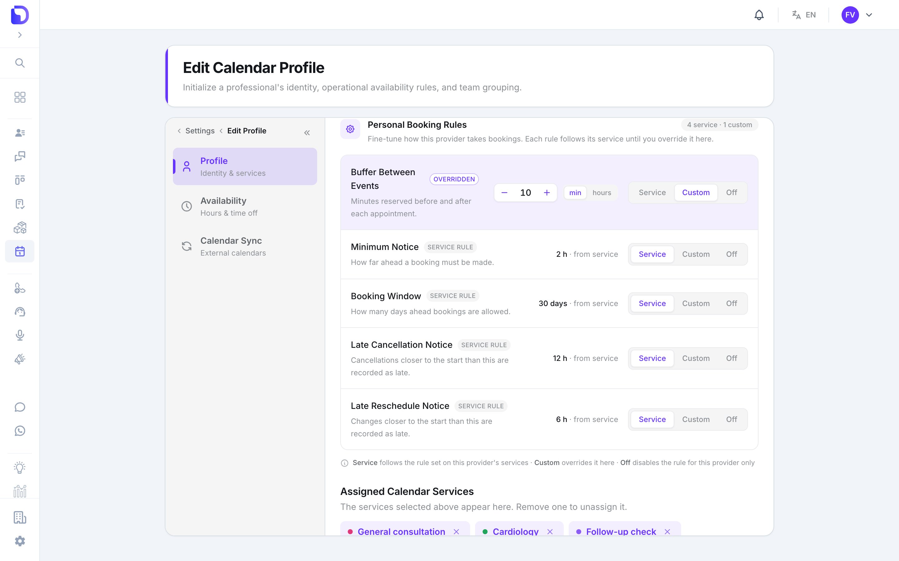 Edit Calendar Profile 'Personal Booking Rules' section (4 service · 1 custom) listing Buffer Between Events overridden to 10 min with Service / Custom / Off toggles, plus Minimum Notice 2 h, Booking Window 30 days, Late Cancellation Notice 12 h and Late Reschedule Notice 6 h all following the service rule, above the Assigned Calendar Services chips General consultation, Cardiology and Follow-up check.