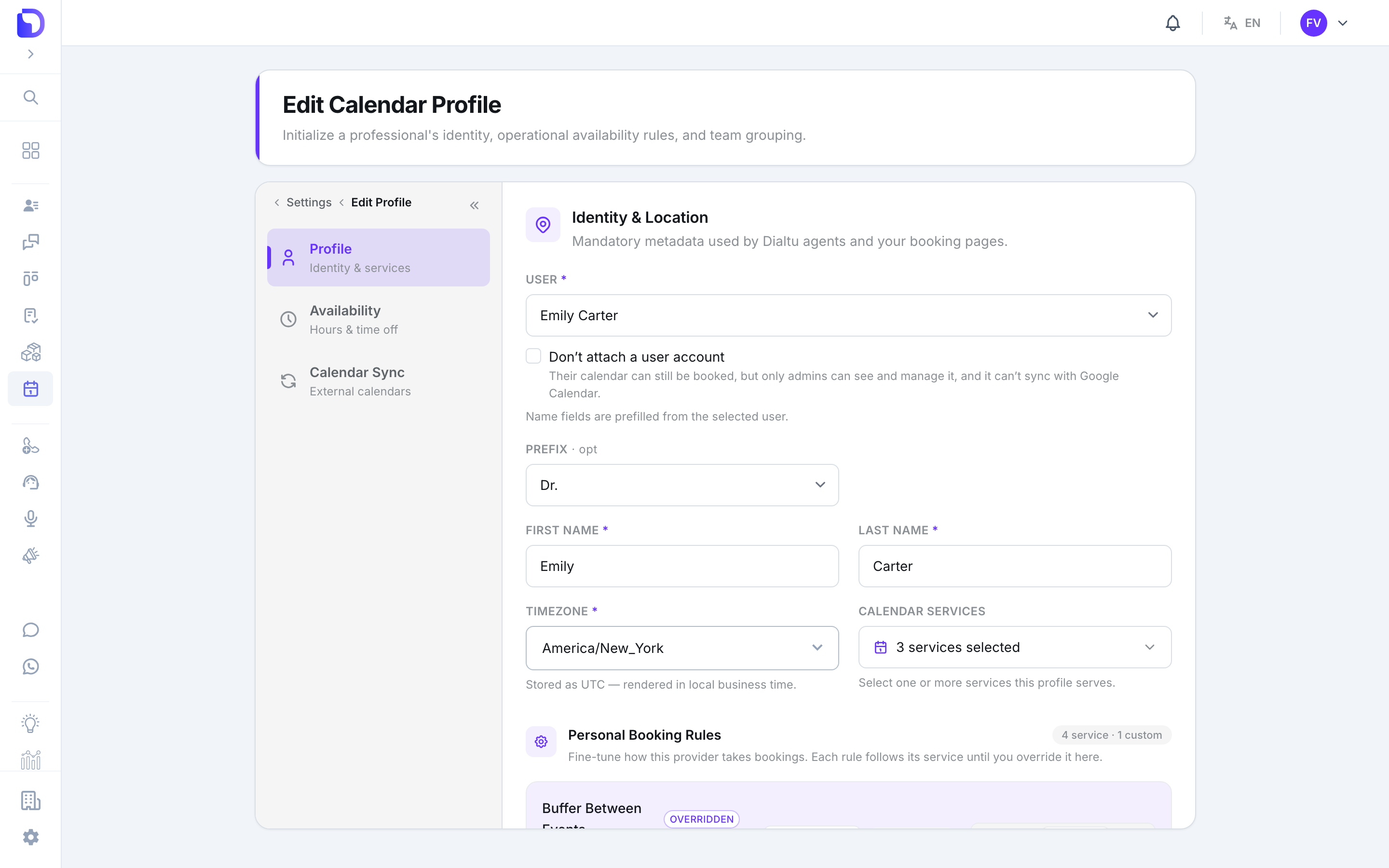 Edit Calendar Profile 'Identity & Location' form with User 'Emily Carter', an unchecked 'Don't attach a user account' box, Prefix Dr., First name Emily, Last name Carter, Timezone America/New_York and '3 services selected', with the Personal Booking Rules section beginning below.