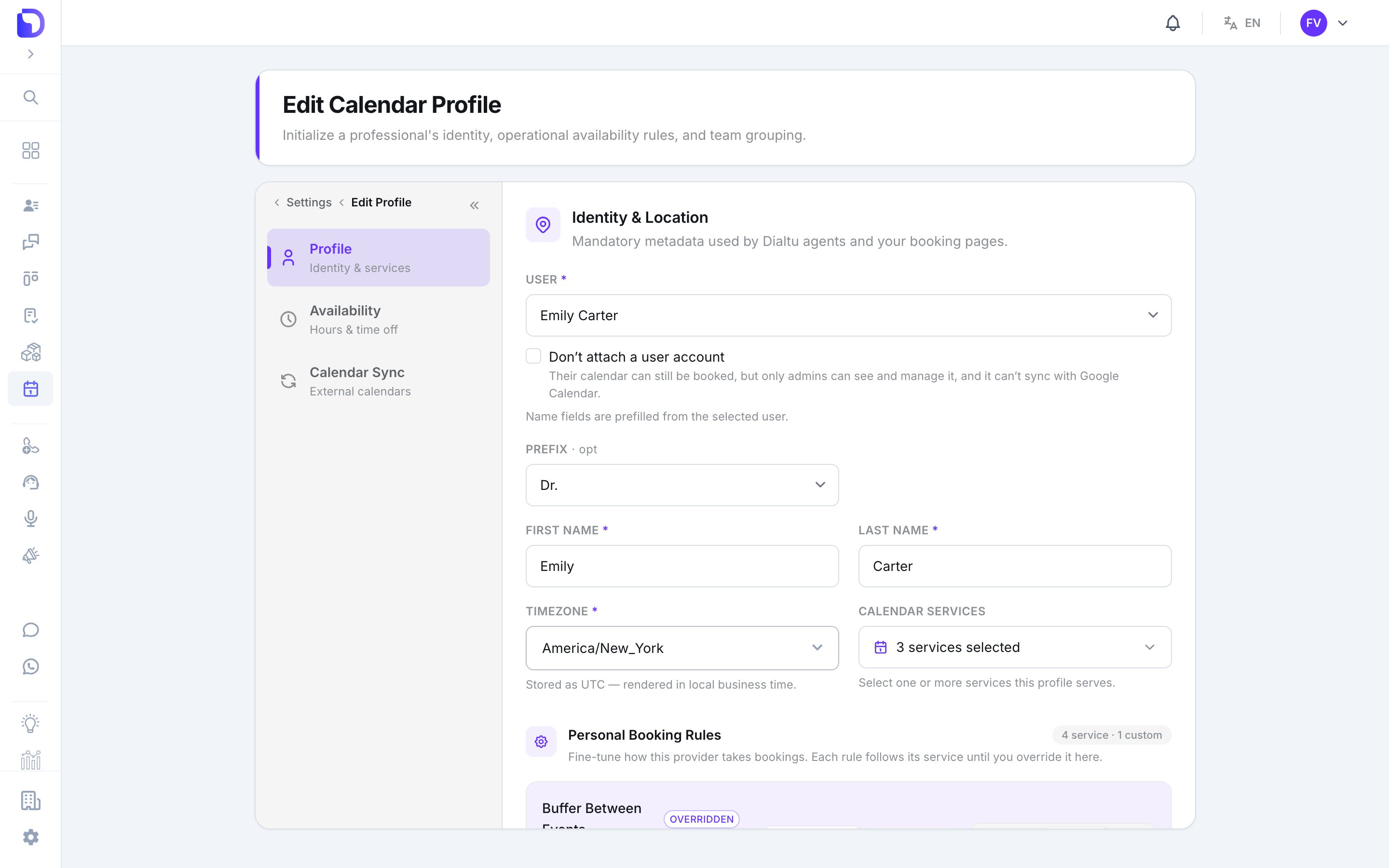 Edit Calendar Profile 'Identity & Location' form with User 'Emily Carter', an unchecked 'Don't attach a user account' box, Prefix Dr., First name Emily, Last name Carter, Timezone America/New_York and '3 services selected', with the Personal Booking Rules section beginning below.